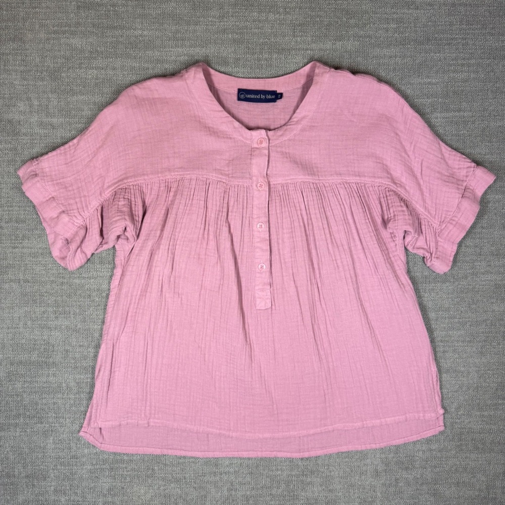 United By Blue Organic Cloud Blouse Pink Double Gauze Henley Top Womens XS